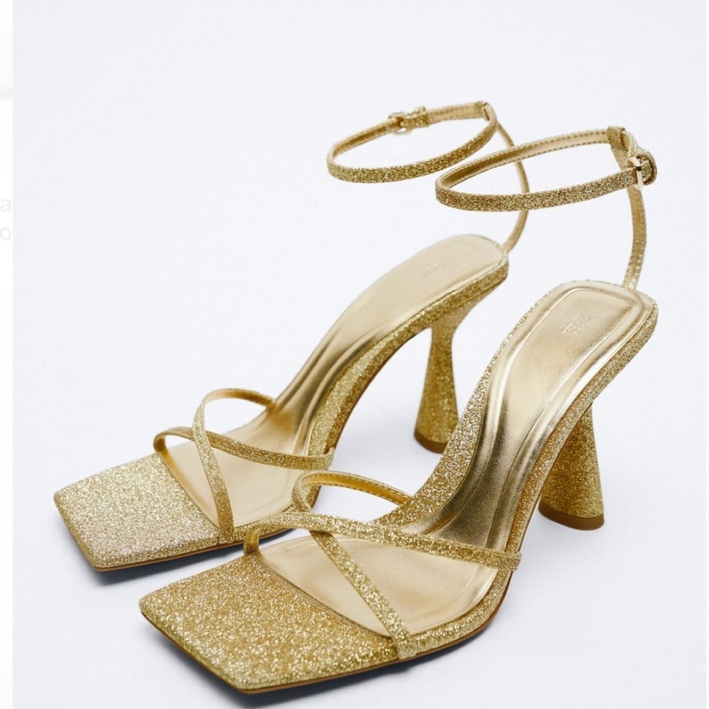 Zara Gold Metallic Glitter Strappy Heeled Sandals EU 39
